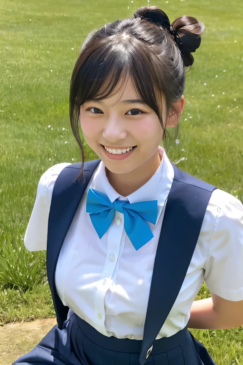 ((masterpiece)), japanese, (a girl), (18 years old), smiling, on grass, blue sky, hair bun, collared shirt, skirt, bow tie, tits, (((plump))), 