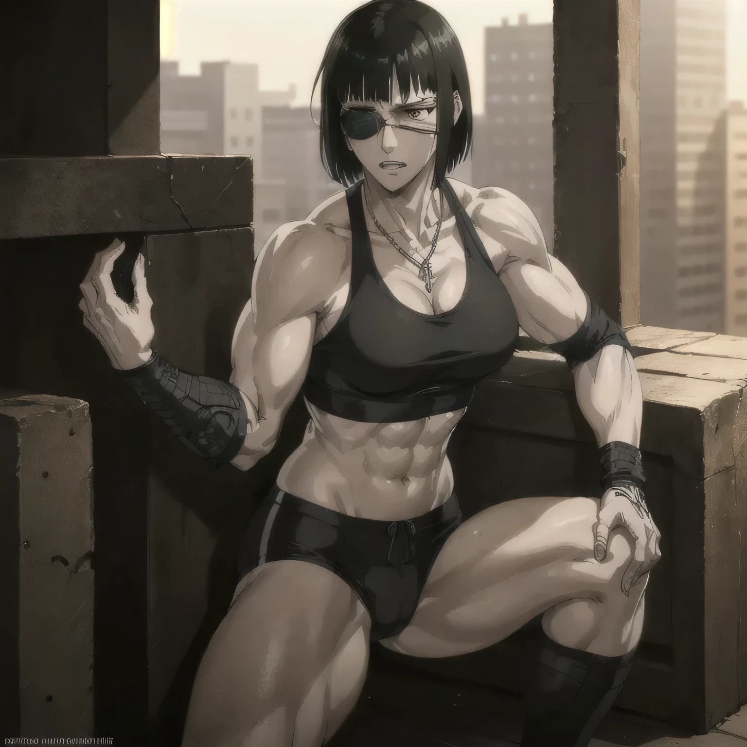 (best quality,ultra-detailed,realistic:1.37),musclaur badass girl with sculpted body with preview her musclaur body and six-pack, full review of the female character's face and body, intense expression, strong and confident posture, studio lighting, vivid colors, physiologically-based rendering, grungy texture, rugged background, dust particles in the air, commanding presence, professional, powerful, gritty aesthetics,,Valmet،short hair,necklace,Light reflection on shoulders,Sweat in muscles،،wearing military male underwear and midriff tank top, tattoos on shoulders،sitting in ground,eyepatch,Shining muscles,Shining skin,sexy six-pack