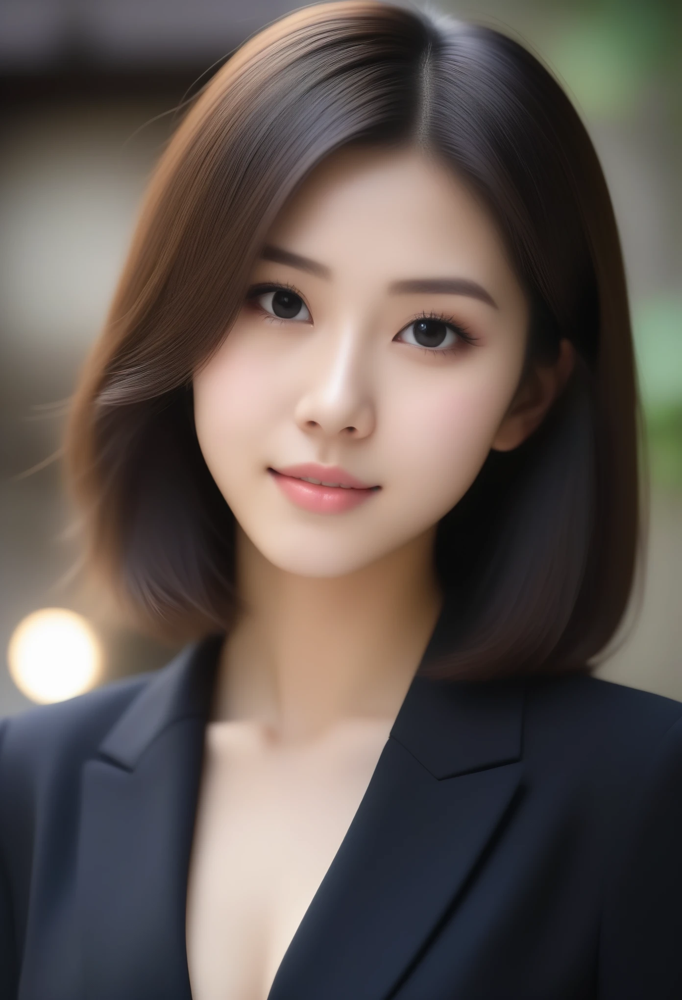 8k, Ultra-high resolution, Highest quality, masterpiece, 三分割法によるphotograph,Surreal, photograph, 1 girl, (16 years old:1.3), pretty girl, Cute face, Beautiful eyes in every detail, 細かくdetailedに,masterpiece,, One Girl:1.2, Japan Female Announcer,Young Wife,Urban area,whole body, Beautiful Face, (Skin with attention to detail:1.2), wearing black formal blazer,Black high heels、Black Pencil Skirt、Short Bob,Looking at the audience、beauty,Long neck、Laugh a little、Please close your mouth and laugh、(((Ideal body type))),A-cup small breasts :2,、Portraiture:2、Perfect Anatomy、鮮明なdetailed、detailed、Surreal、Light and shadow,Strong light 