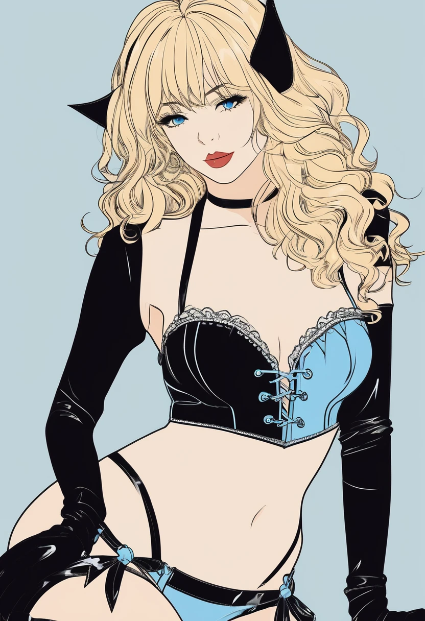 Coloring book、Black and white only. Mainline only.Vector line.Simple.Plump, pursed lips, freckles, Long curly black and yellow hair with bangs, Crystal blue eyes with smoky eyeshadow and black eyeliner, Delicate fingertips,Black Bikini.Black thigh-high boots with stiletto heels.Black corset.Black Long Gloves.Black garter belt.Full body image of a woman.No background.Cat mask.Delicate pose
