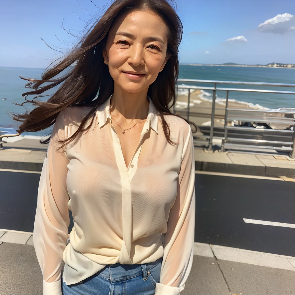 ((Highest quality)), ((8k)), ((masterpiece: 1.3)), (Perfect appearance), (Photorealism: 1.6), (Ultra-high resolution), (Skyscraper rooftop), (Rooftop without railings), (A clear, cloudless sky), (Strong winds), (Blurred Background), (JMA, Ww), (One Japanese MILF standing on the edge of the roof), (Woman standing posture), (Woman standing on the right side of the screen), (60 years old, Japanese Mature), ((Realistic skin texture)), ((Realistic skin texture)), (Fine wrinkles all over the skin), (Dullness), (Facial wrinkles), (Wrinkles around the eyes), double eyelid, Tear bags under the eyelids, A gentle gaze, smile, (Semi-long hair), (Hair with messy ends), (Soft fabric blouse), (Her blouse is fluttering in the wind), (Full body portrait),