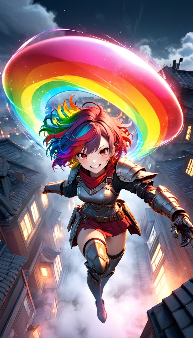From above, Highest quality, Highest quality, 16K, Unbelievably absurd, Very detailed, 3D, delicate and dynamic, Ruthless, Cool and beautiful female warrior, Shining Rainbow Perspective, Rainbow colored messy wavy short hair, Captivating look, Excited expression, Teasing Smile, Grin, Mischievous Smile, Heavy Armor,Ominous Aura Swirl Effect, Background Rooftop , Big Red Full Moon, Exposed Steel, Flying glass, spark, cigarette, fog, Spooky atmosphere colors, Slow-motion effect, Dark fantasy