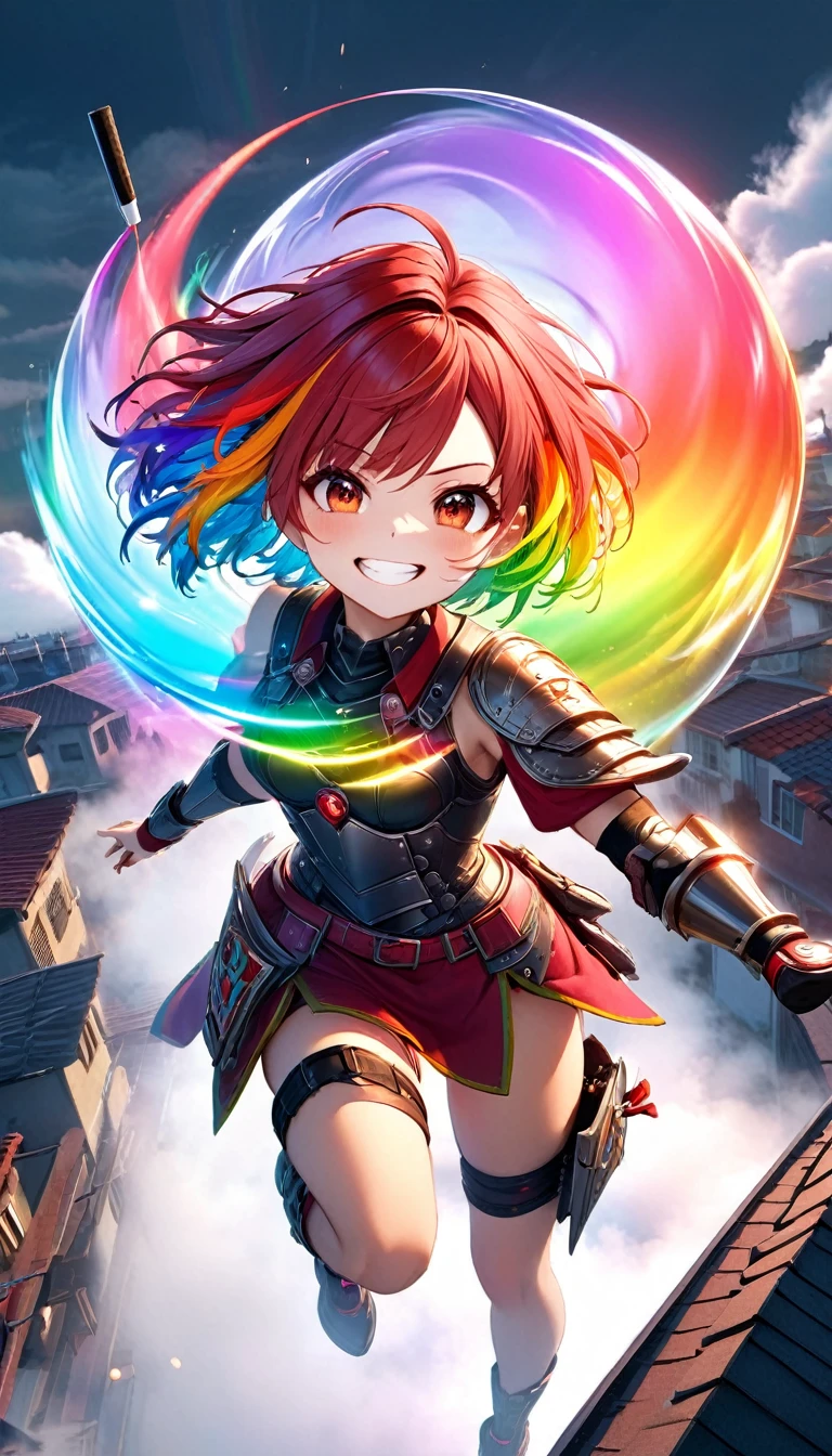 From above, Highest quality, Highest quality, 16K, Unbelievably absurd, Very detailed, 3D, delicate and dynamic, Ruthless, Cool and beautiful female warrior, Shining Rainbow Perspective, Rainbow colored messy wavy short hair, Captivating look, Excited expression, Teasing Smile, Grin, Mischievous Smile, Heavy Armor,Ominous Aura Swirl Effect, Background Rooftop , Big Red Full Moon, Exposed Steel, Flying glass, spark, cigarette, fog, Spooky atmosphere colors, Slow-motion effect, Dark fantasy
