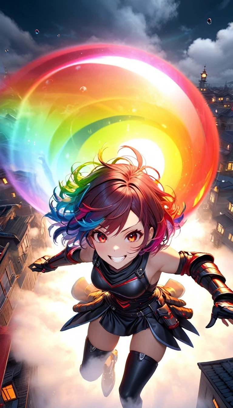 From above, Highest quality, Highest quality, 16K, Unbelievably absurd, Very detailed, 3D, delicate and dynamic, Ruthless, Cool and beautiful female warrior, Shining Rainbow Perspective, Rainbow colored messy wavy short hair, Captivating look, Excited expression, Teasing Smile, Grin, Mischievous Smile, Heavy Armor,Ominous Aura Swirl Effect, Background Rooftop , Big Red Full Moon, Exposed Steel, Flying glass, spark, cigarette, fog, Spooky atmosphere colors, Slow-motion effect, Dark fantasy