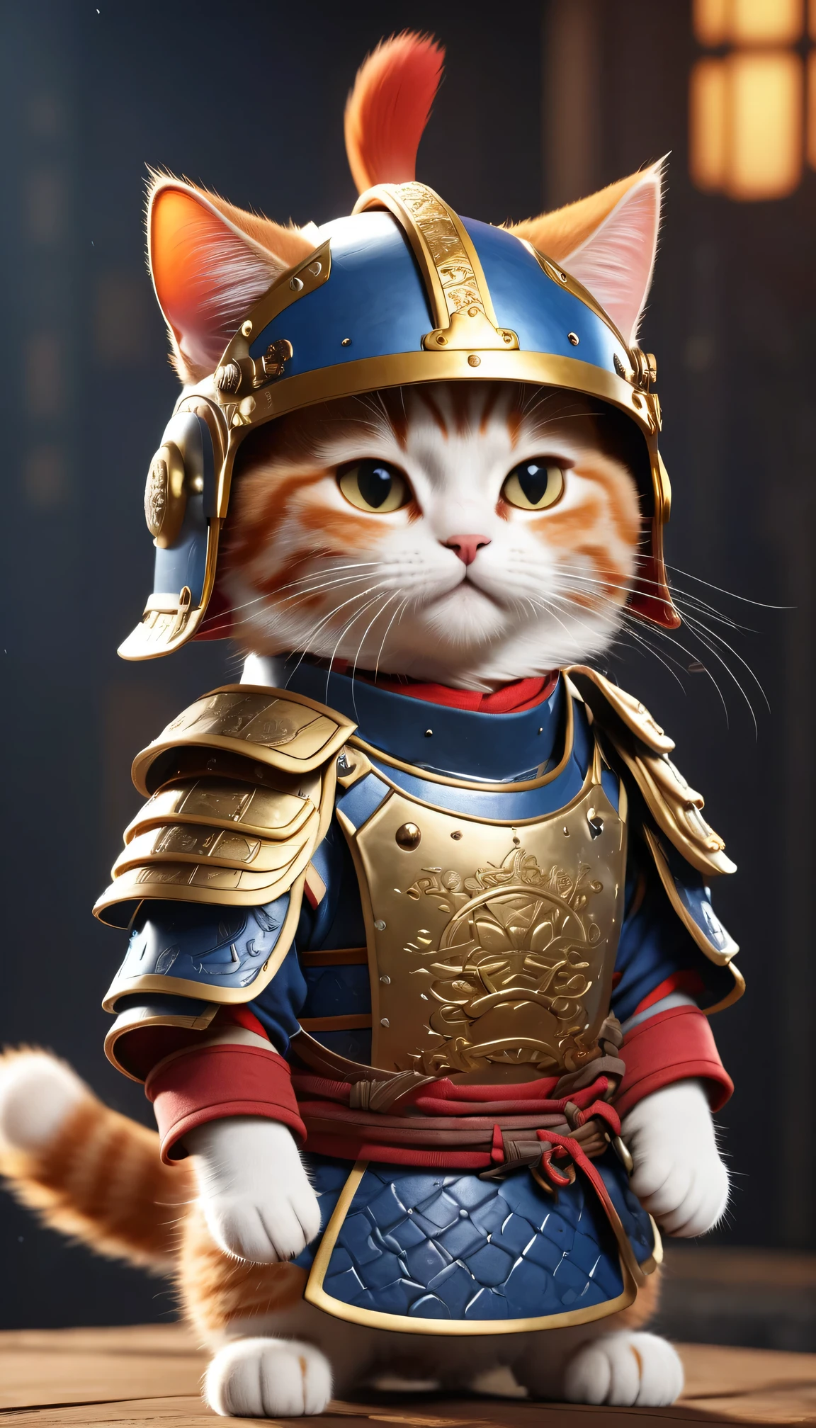 highest quality、Cute cat wearing samurai armor and helmet, Very detailed, Sharp focus, Dynamic Lighting, Vibrant colors, Texture Details, Particle Effects, Story elements, Storytelling talent, 16k, UE5, High resolution, Separation of subject and background    
