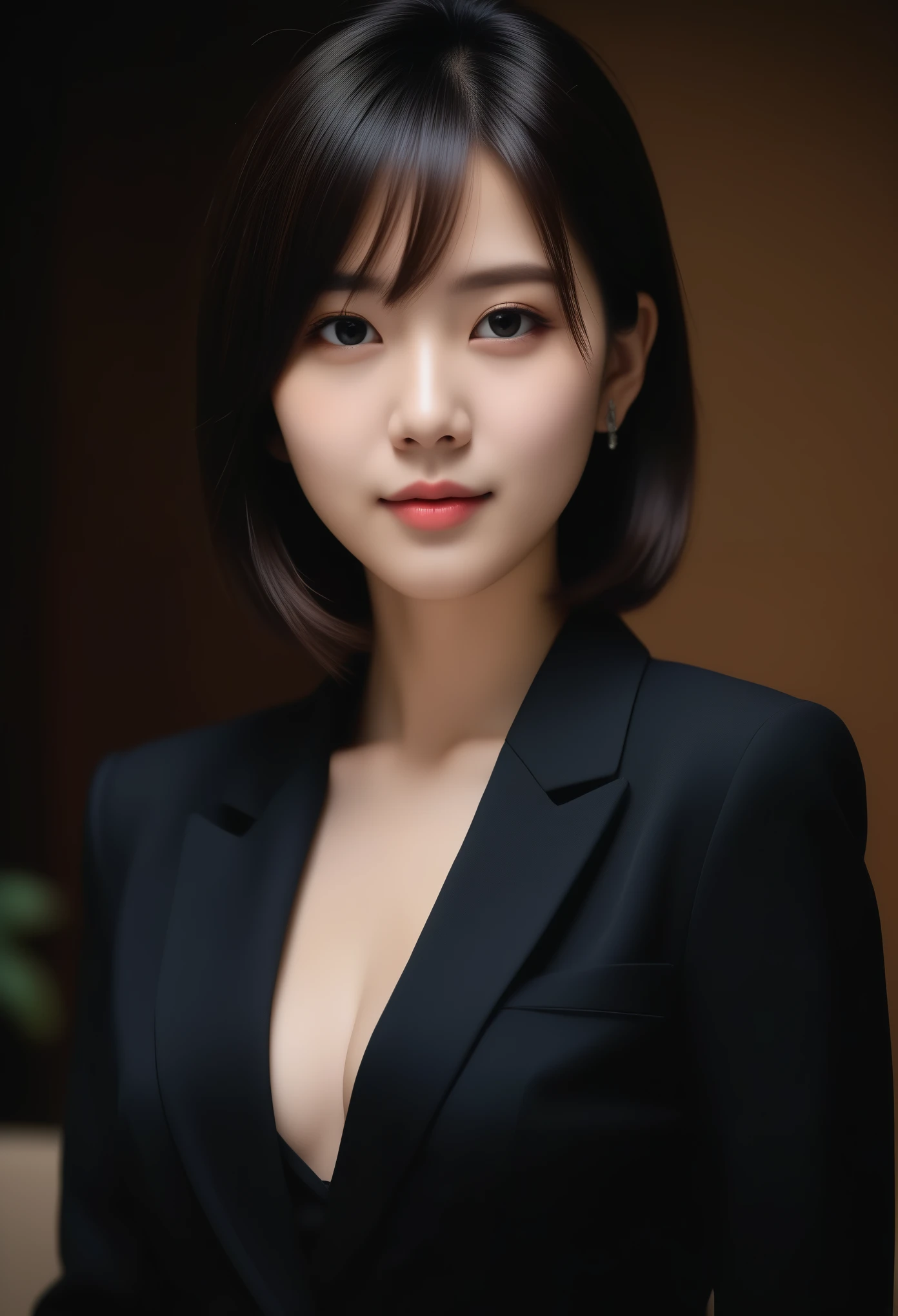 8k, Ultra-high resolution, Highest quality, masterpiece, 三分割法によるphotograph,Surreal, photograph, 1 girl, (:1.3), pretty girl, Cute face, Beautiful eyes in every detail, 細かくdetailedに,masterpiece,, One Girl:1.2, Japan Female Announcer,Young Wife,Urban area,whole body, Beautiful Face, (Skin with attention to detail:1.2), wearing black formal blazer,Black high heels、Black Pencil Skirt、Short Bob,Looking at the audience、beauty,Long neck、Laugh a little、Please close your mouth and laugh、(((Ideal body type))),A-cup small breasts :2,、Portraiture:2、Perfect Anatomy、鮮明なdetailed、detailed、Surreal、Light and shadow,Strong light