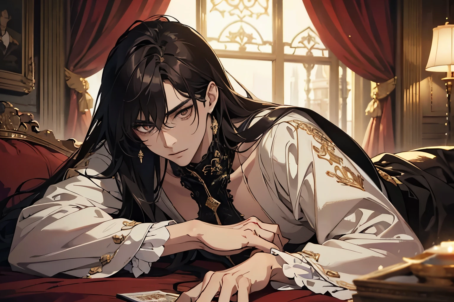 masterpiece, best quality, Practical (absurd, High resolution, Super detailed), facial details,Delicate and meticulous, 8K, Reality, Dramatic Lighting, high quality，twenty-two year old male，grace、beauty、Handsome，black hair，Bright brown eyes，Slender figure，Wearing simple and elegant clothes in typical aristocratic style，Strike sexy and seductive poses in the opulent aristocratic bedroom, ((masterpiece)), ((movie lighting))

