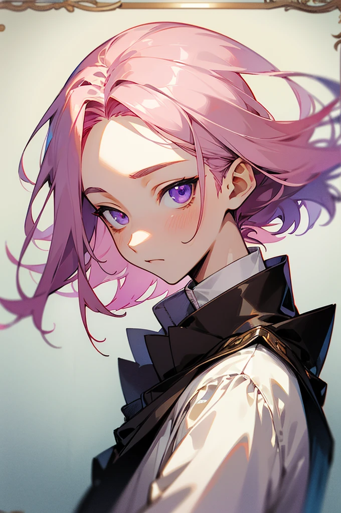 Kohaku Oukawa, anime male, short hair, light pink hair, purple eyes, shota, masterpiece, best quality, male character, anime boy, skinny, slim, male, middle part, young man, teen, forehead showing, slim, teen age, chin length hair, best quality, flawless skin, detailed eyes, oversized outfit, large buttons on shirt, male character, lovely boy, soft colors, soft lighting, bokeh, muted colors, light colours, oversized shirt, pale lighting, muted color palette, aesthetic, model, slim body, sharp eyes, detailed face, sharp features, frontage, portrait, facing forward, framed photograph, lace frame, photograph, detailed frame around image,