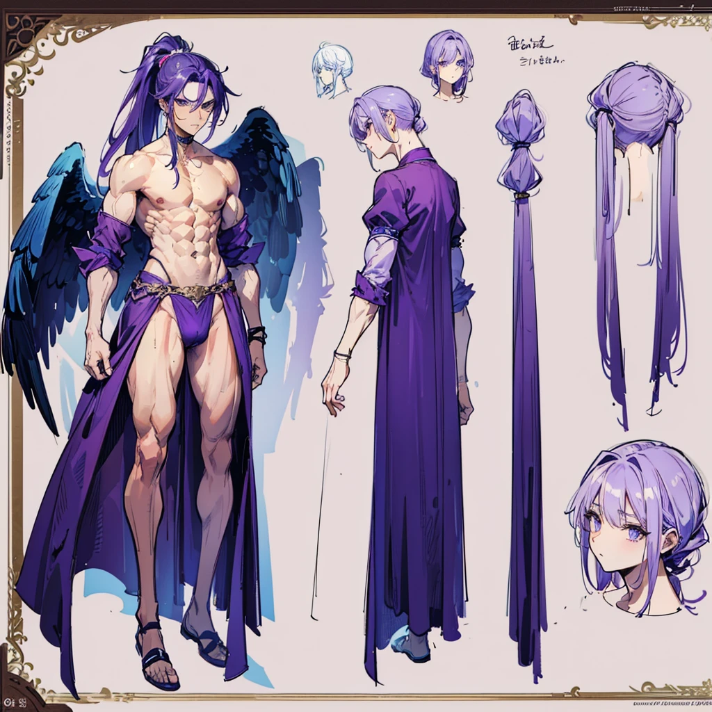 (Masterpiece, best quality), detailed, 1 man, ((character concept art)), ((character design sheet, same character, front, side, back)), full body, body complete, 1 Male, 1 Man, Detailed face, character design sheet,full bodyesbian, Highly detailed, character sheet, character design, Many parts, dark skin, angel wings, long purple ponytail hair, angel outfit, muscle male god, male clothes, masculine, muscle man, male muscle, manly, male angel, Muscle male with purple long ponytail hair,beautiful man
