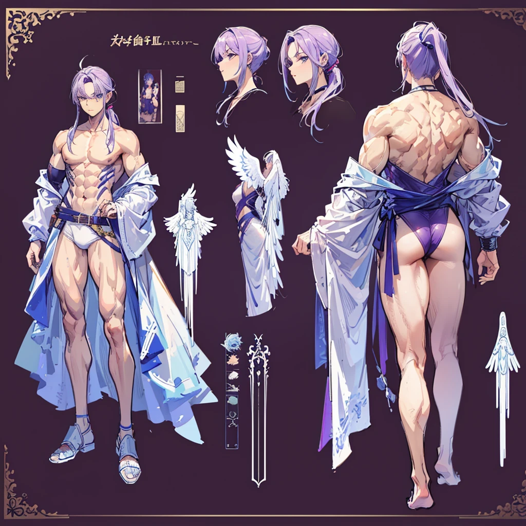 (Masterpiece, best quality), detailed, 1 man, ((character concept art)), ((character design sheet, same character, front, side, back)), full body, body complete, 1 Male, 1 Man, Detailed face, character design sheet,full bodyesbian, Highly detailed, character sheet, character design, Many parts, dark skin, angel wings, long purple ponytail hair, angel outfit, muscle male god, male clothes, masculine, muscle man, male muscle, manly, male angel, Muscle male with purple long ponytail hair,beautiful man