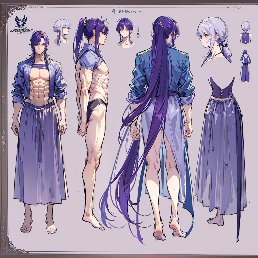 (Masterpiece, best quality), detailed, 1 man, ((character concept art)), ((character design sheet, same character, front, side, back)), full body, body complete, 1 Male, 1 Man, Detailed face, character design sheet,full bodyesbian, Highly detailed, character sheet, character design, Many parts, dark skin, angel wings, long purple ponytail hair, angel outfit, muscle male god, male clothes, masculine, muscle man, male muscle, manly, male angel, Muscle male with purple long ponytail hair,beautiful man