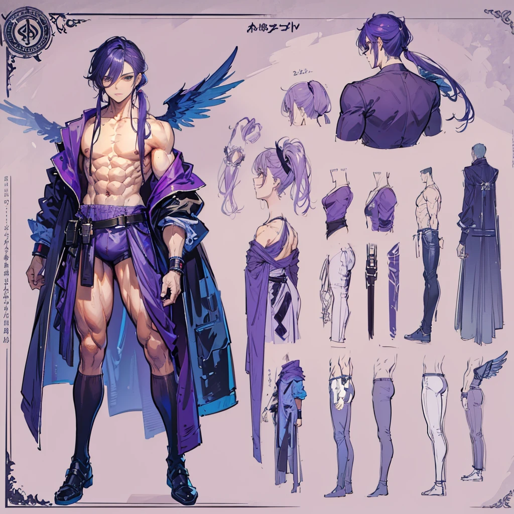 (Masterpiece, best quality), detailed, 1 man, ((character concept art)), ((character design sheet, same character, front, side, back)), full body, body complete, 1 Male, 1 Man, Detailed face, character design sheet,full bodyesbian, Highly detailed, character sheet, character design, Many parts, dark skin, angel wings, long purple ponytail hair, angel outfit, muscle male god, male clothes, masculine, muscle man, male muscle, manly, male angel, Muscle male with purple long ponytail hair,beautiful man