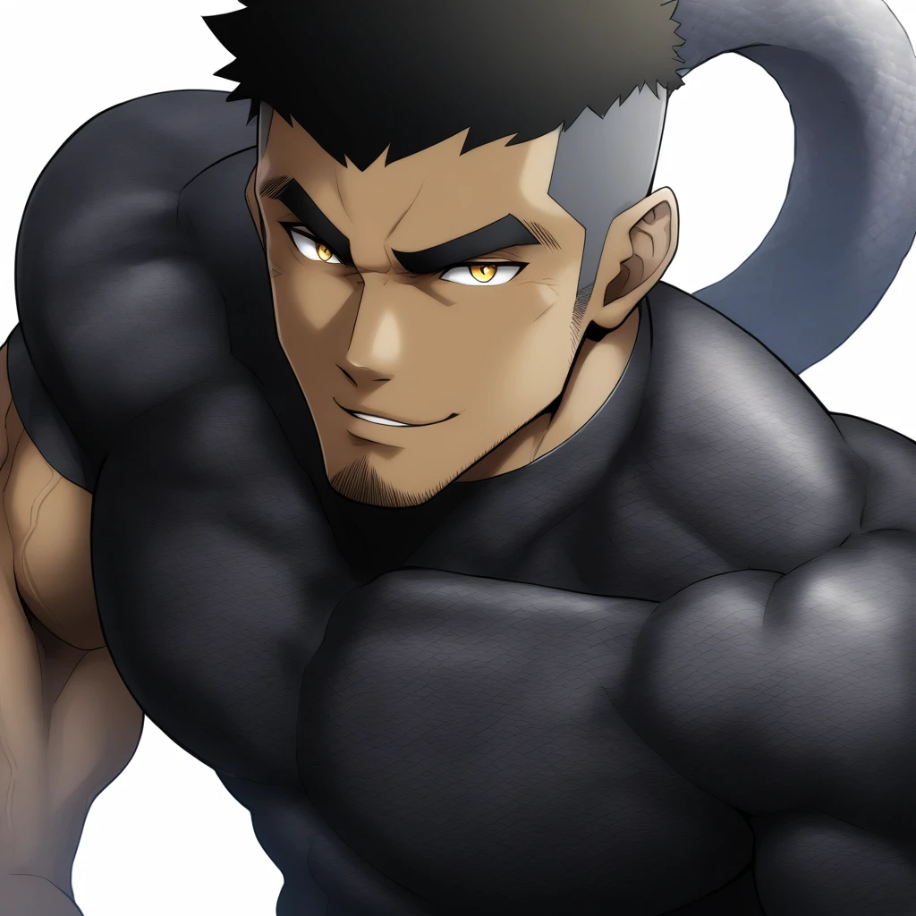 one negro, anime characters：Gyee, Hibino Kafka, Muscle Sports Student, negro black skin, Very Black, 1 muscular tough guy, Manliness, male focus, Dark grey turtleneck tight T-shirt, T-shirt with snake skin scale texture, Regular symmetrical pattern, Very tight, The pectoral muscles are oversized, muscular male, muscular, only, Upper body, alone, Black short hair, Thick eyebrows, stubble, Yellow eyes, White background, simple background, amazing quality, best aesthetics, Ridiculous, bright pupils, crew cut, parted lips, seductive smile, torogao, naughty face, best quality