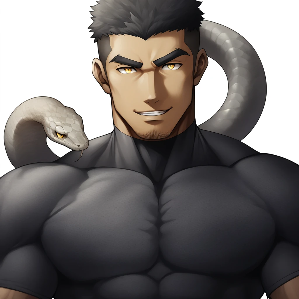 one negro, anime characters：Gyee, Hibino Kafka, Muscle Sports Student, negro black skin, Very Black, 1 muscular tough guy, Manliness, male focus, Dark grey turtleneck tight T-shirt, T-shirt with snake skin scale texture, Regular symmetrical pattern, Very tight, The pectoral muscles are oversized, muscular male, muscular, only, Upper body, alone, Black short hair, Thick eyebrows, stubble, Yellow eyes, White background, simple background, amazing quality, best aesthetics, Ridiculous, bright pupils, crew cut, parted lips, seductive smile, torogao, naughty face, best quality