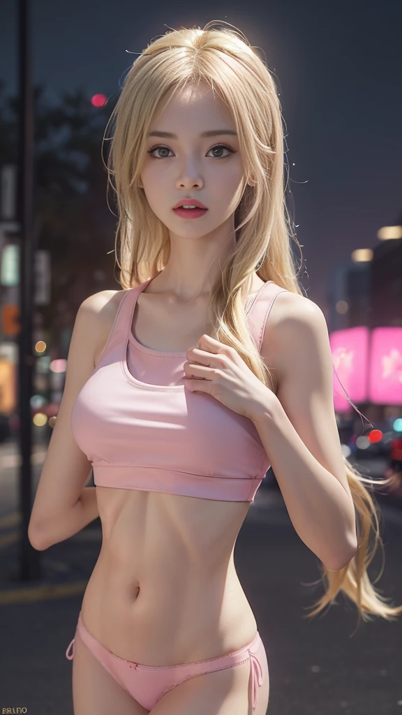 ((Realistic lighting, Best quality, 8K, Masterpiece: 1.3)), Clear focus: 1.2, 1 girl, Perfect Figure: 1.4, Slim Abs: 1.1, See through, tight clothing, ((Blonde hair)), (panties: 1.4), (Pink crop top: 1.4), (Outdoor, Night: 1.1), City streets, Super fine face, Fine eyes, Double eyelids,
