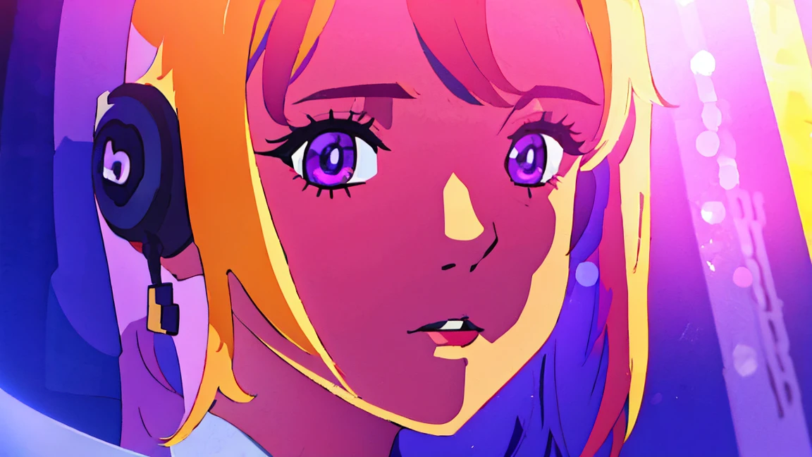 a cute anime girl wearing headphones and holding a portable music player, purple background, beautiful detailed eyes, beautiful detailed lips, extremely detailed face and hair, long eyelashes, elegant, peaceful expression, studio lighting, 8k, high quality, digital painting, vibrant colors, soft lighting, dreamy atmosphere