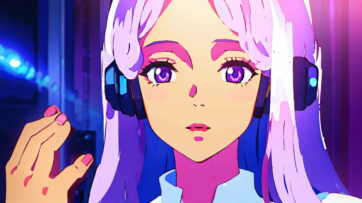 a cute anime girl wearing headphones and holding a portable music player, purple background, beautiful detailed eyes, beautiful detailed lips, extremely detailed face and hair, long eyelashes, elegant, peaceful expression, studio lighting, 8k, high quality, digital painting, vibrant colors, soft lighting, dreamy atmosphere