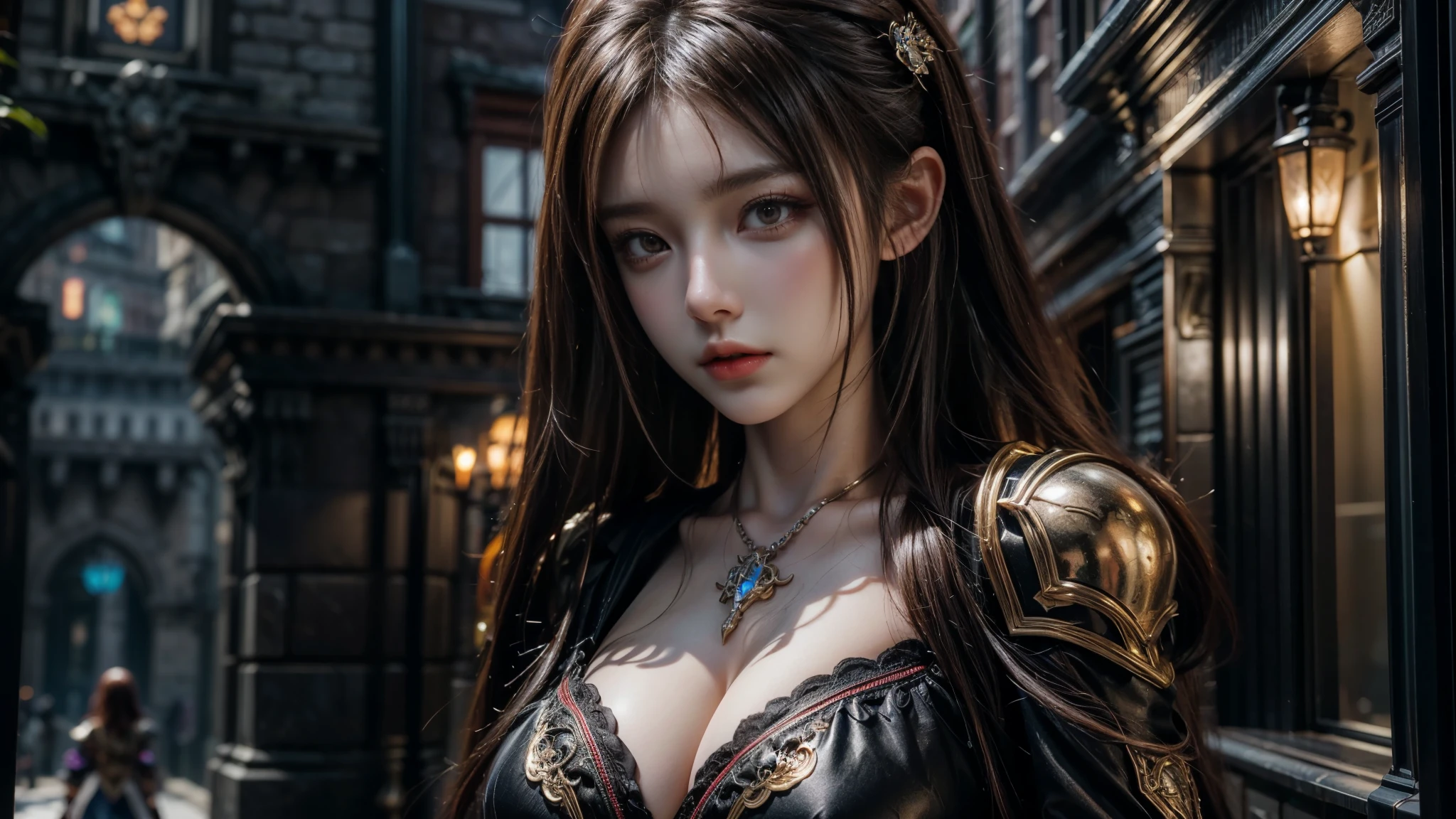 Close-up of female mage, Girl in robes, 2. 5D CGI anime fantasy artwork, Large Breasts,Epic fantasy digital art style, detailed Digital 2D fantasy art, Digital 2D fantasy art, Gorgeous female mage,Look at the camera,(glowing magic:1.7) Role Playing Game Character Art, beautiful female mage, Fantasy Character Art, Epic and beautiful character art, beautiful female mage,(Edinburgh Street:1.8),light rain,semi-body photography,Look at the camera