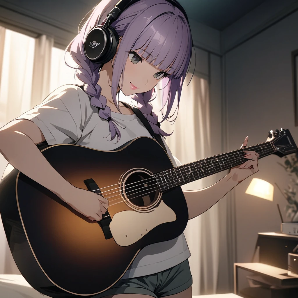 (Cute a girl:1.5), (masterpiece:1.3), anime visual, (a girl is wearing a white t-shirt and shorts, headphones and playing a guitar.:1.3 ), (Lovey-dovey:1.5), (tilt head:1.3), extremely delicate face, soft clean focus, realistic lighting and shading, (an extremely delicate and beautiful art:1.3), elegant, (muted colors:1.1),(one girl with closs hair pin,pale purple hair,wavy two braids,blunt bangs hair,green and black eyes.pink lips:1.4), small breast,slim,smile,Slender,night lit,Glasses, twin braids, bedroom,