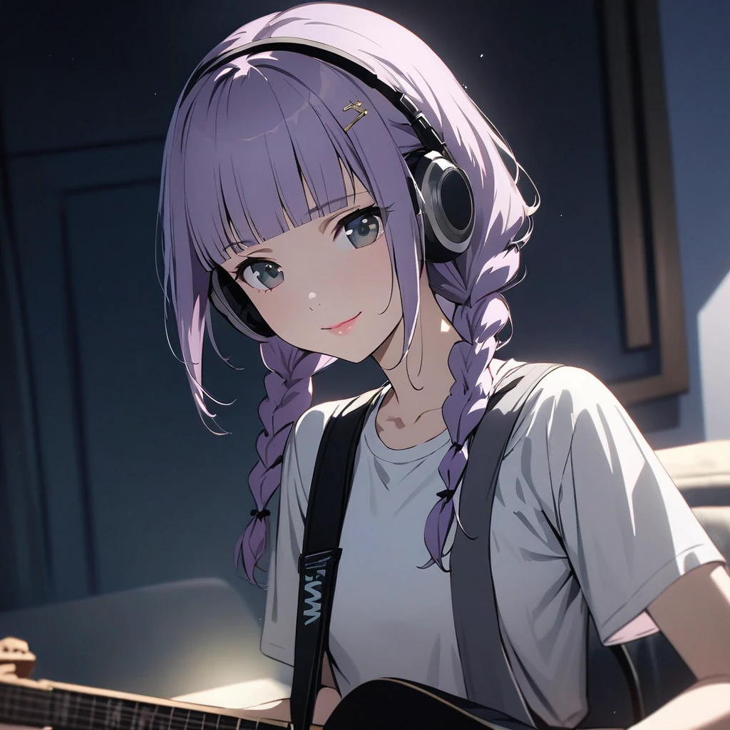 (Cute a girl:1.5), (masterpiece:1.3), anime visual, (a girl is wearing a white t-shirt and shorts, headphones and playing a guitar.:1.3 ), (Lovey-dovey:1.5), (tilt head:1.3), extremely delicate face, soft clean focus, realistic lighting and shading, (an extremely delicate and beautiful art:1.3), elegant, (muted colors:1.1),(one girl with closs hair pin,pale purple hair,wavy two braids,blunt bangs hair,green and black eyes.pink lips:1.4), small breast,slim,smile,Slender,night lit,Glasses, twin braids, bedroom,