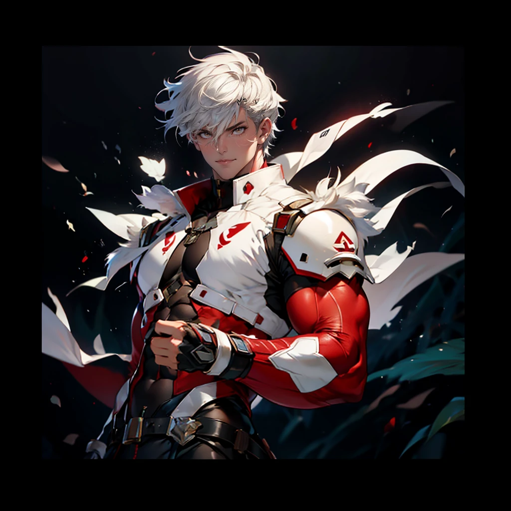 (white people、white skin、boy、20 generations)、(silver hair,short hair)、 highest quality, male focus,detailed face、Super high quality、thick chest plate、thin waist、ripped abs、(red bodysuit、red high neck、white vest)、show your shoulders、strong armuscular thighs