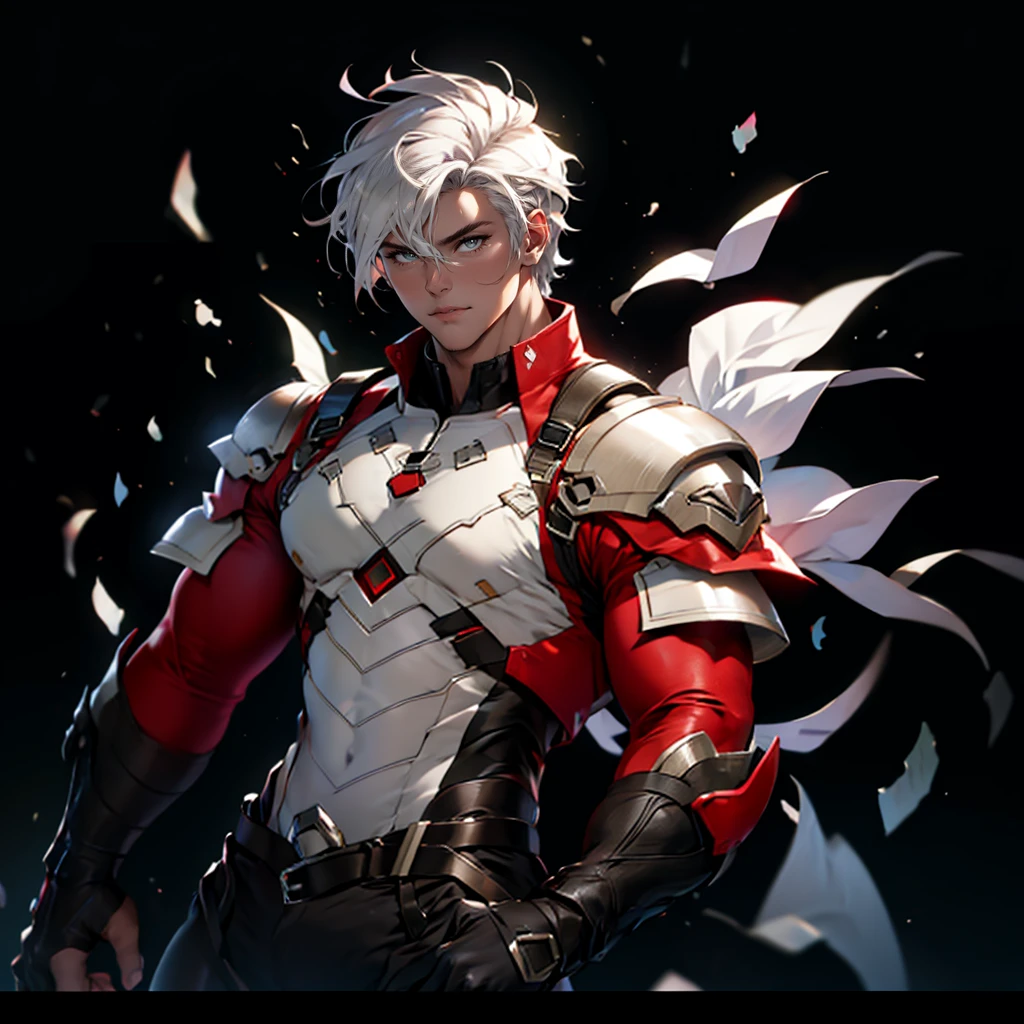 (white people、white skin、boy、20 generations)、(silver hair,short hair)、 highest quality, male focus,detailed face、Super high quality、thick chest plate、thin waist、ripped abs、(red bodysuit、red high neck、white vest)、show your shoulders、strong armuscular thighs