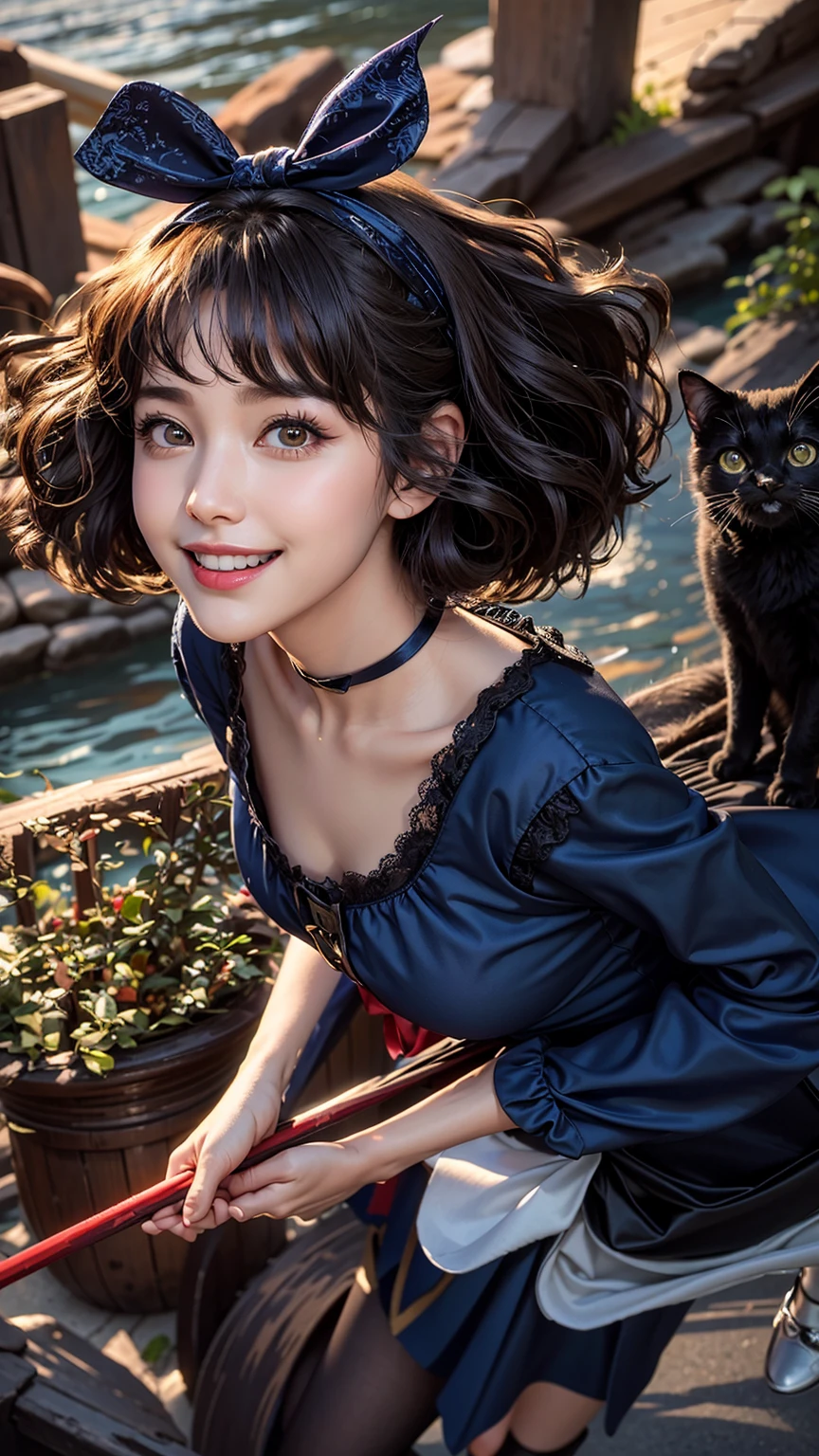 Best image quality,（8k，RAW Photos），（Highest quality），（masterpiece），（Realistic，）（写実的でRealistic），（High resolution），Hyper Detail，Profile picture of a woman flying on a broom with a black cat, Fly on a broom, Broomstick, Sky Witch, (Highest quality)), ((masterpiece)), (Familiar), Perfect Face,A beautiful 23-year-old woman with unparalleled beauty,Bob Hair、She is wearing a red ribbon headband on her head...、The ends of the hair are curled upwards、Navy Blue Dress、Wearing red loafers,smile,You can see the sea and the city,sunlight