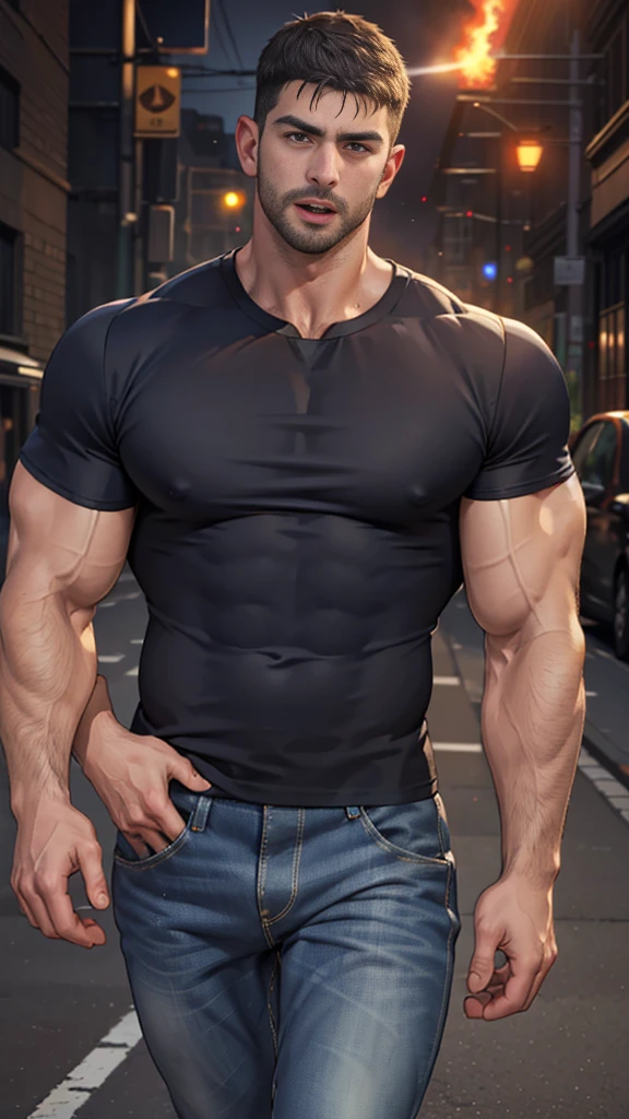 (Create a masterpiece: 1.2),(CGI art:1.3),(realistic:1.5),(After processing:1.3),(Sharp focus:1.3),1 man , straight, front ,Chris Redfield , (round neck T-shirt:1.2) ,Wear color navy round neck T-shirt with a police badge: 1.4), Navy blue jeans, Korean guy , korean men, (High gloss details), chest muscles, large arm muscles, blood vessel, Big muscles, Broad shoulders, looking at the audience, Balancing the eyes, middle of the road ,dark black gloomy hallway in the background, detailed face, shadow, volumetric lighting ,(open mouth:1.6) ,(Fire blazes behind), (run to camara)