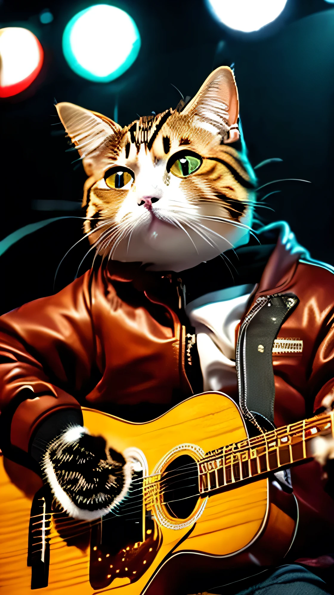 A cat is standing, wearing a leather jacket, holding a guitar and playing on stage,