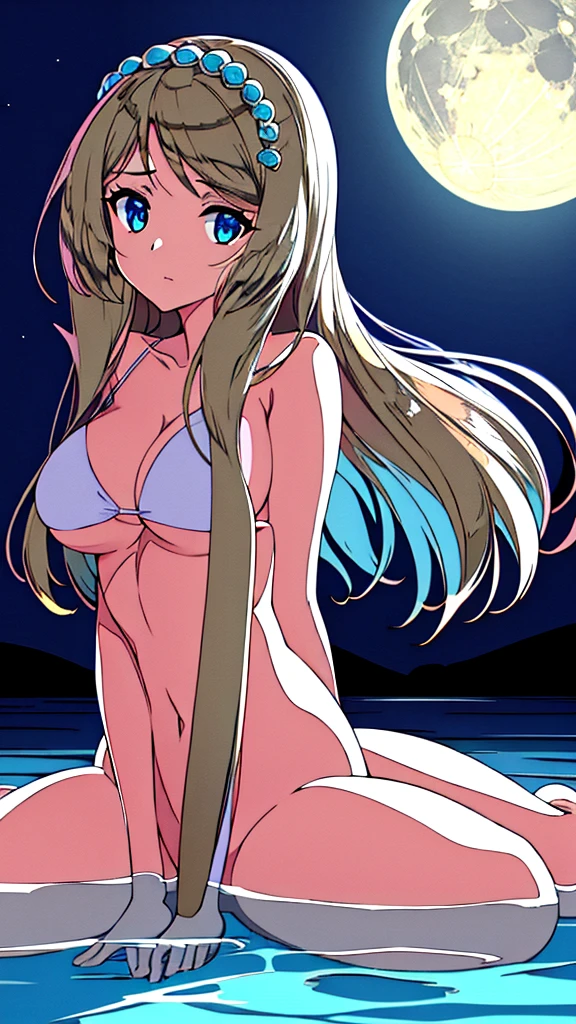 {{ultra-detailed}}, {{illustration}}, {{disheveled hair}}, {beautiful detailed eyes}, beautiful, amazing, detailed eyes, {{{masterpiece}}}, {realistic:0.5}, best quality, small breasts, short hair with long locks, best quality, female, (first_person_view), solo_focus, (on beautiful detailed water:1.3), arms behind back, wariza, sit, yokozuwari, full body, moon, full moon, oppai big, 👙, huge breasts