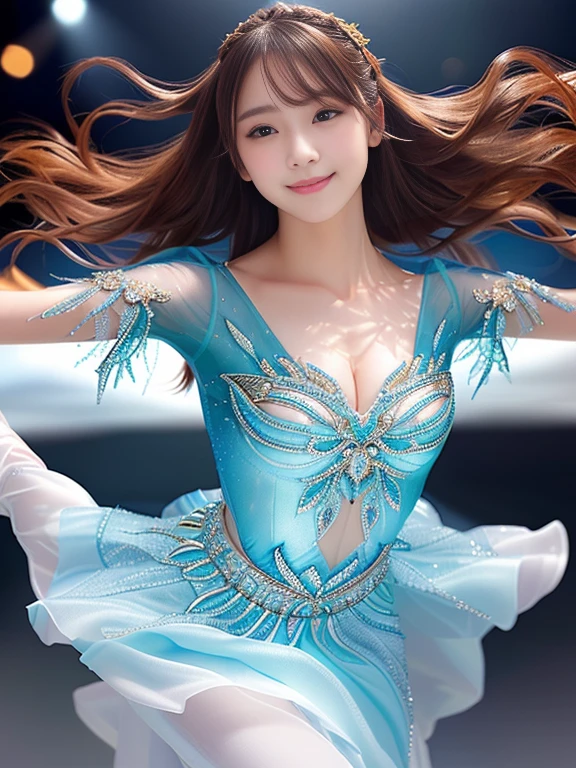 Photo-realistic quality、Japanese idol woman skating in a short white dress、 Ice Princess, Elegant girl, Beautiful costumes, Dancing gracefully on the ice, Icy pale dress、looking at the camera、Detailed and beautiful eyes、Cute smile、A soft and gentle look