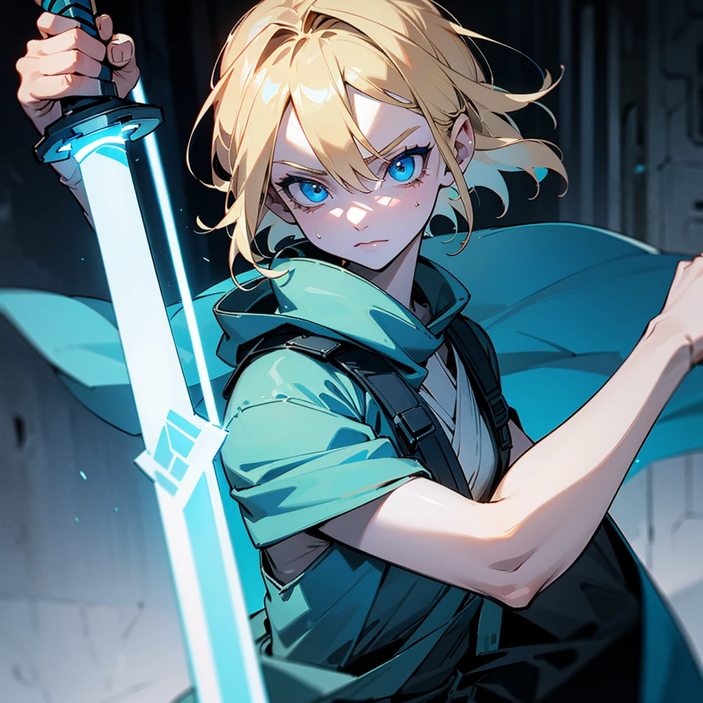 The girl is a Jedi knight. She has grey skin, blue eyes, blonde hair and bone growths on her cheekbones. She holds a blue lightsaber in her hand