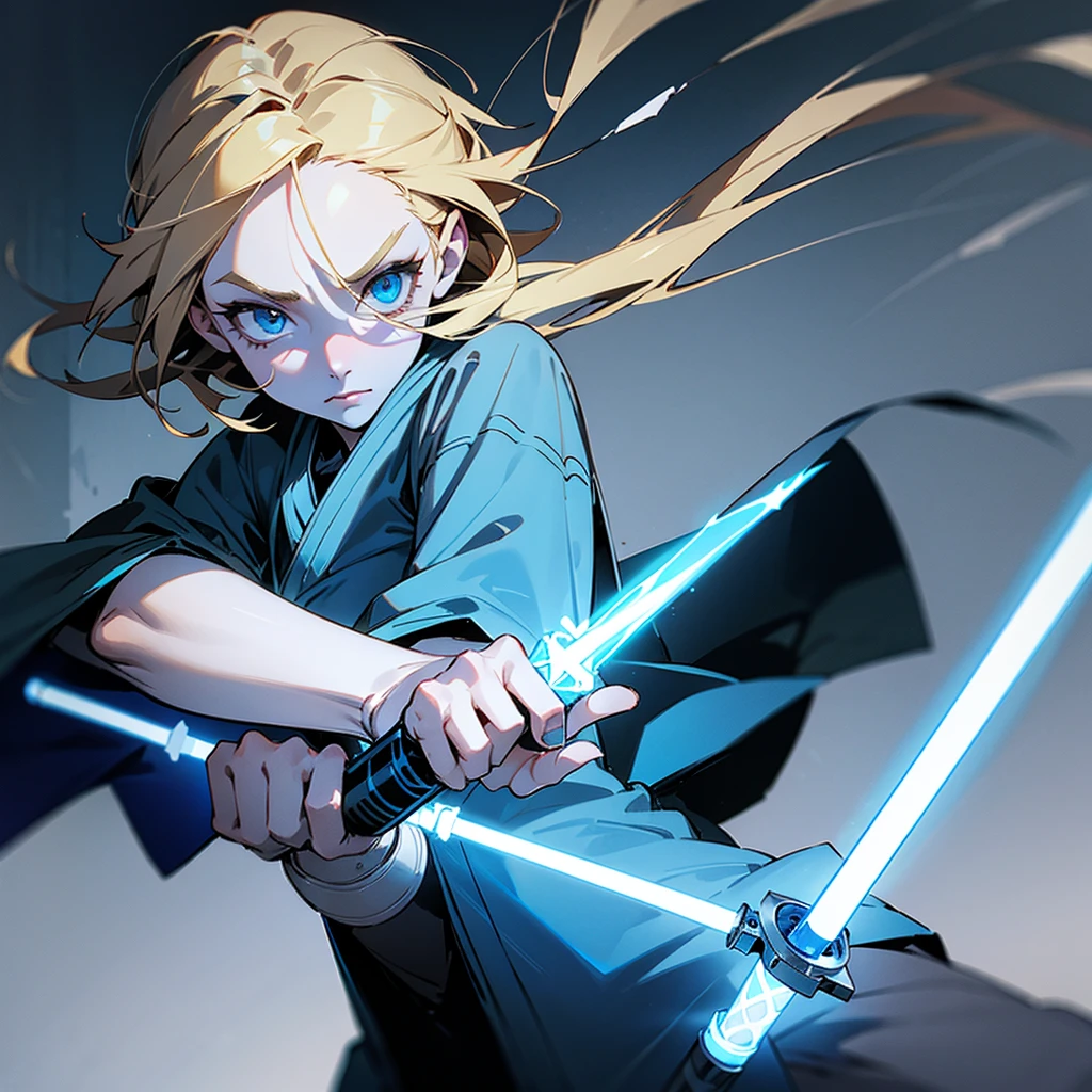The girl is a Jedi knight. She has grey skin, blue eyes, blonde hair and bone growths on her cheekbones. She holds a blue lightsaber in her hand