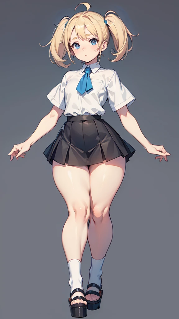 blank background, (((full body))), (masterpiece), ((best quality)), (very short girl), flat chest, short twintail, wide hips:1.8, (thick thighs:1.5), (very short skirt), toeless footwear