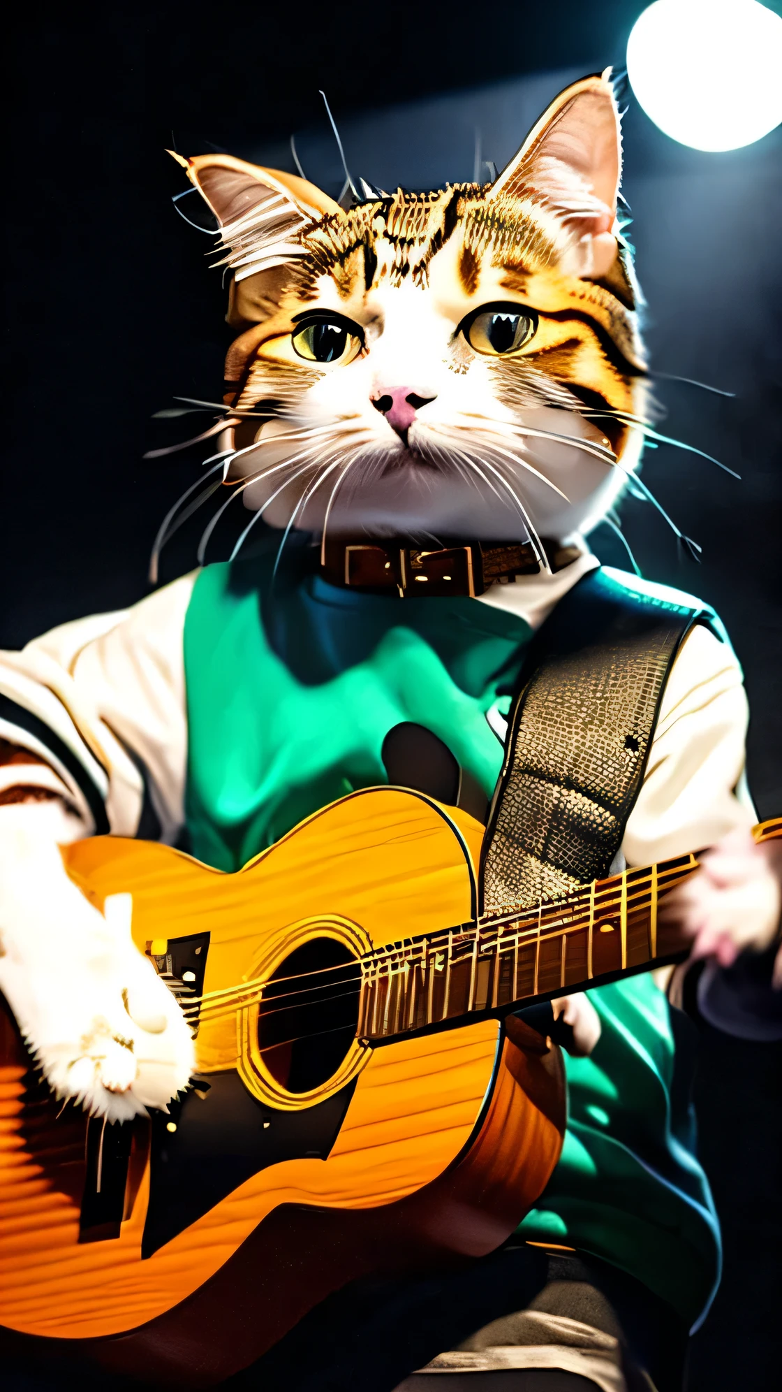 A cat is standing, wearing a leather jacket, holding a guitar and playing on stage,
