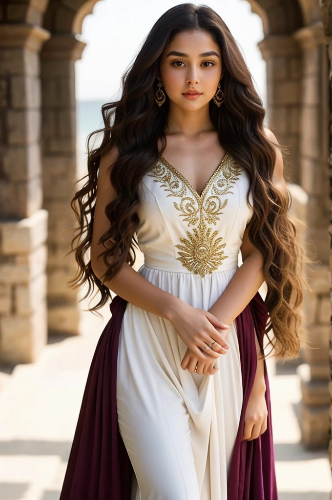 Shiera Targaryen if she had been the daughter of Raenhyra Targaryen and Harwing Strong With long, almost curly hair without so much volume and marked curls up to her brown waist..
With brown eyes combined with Violet and this color predominating With authentic beauty of a Targaryen A full body image.
Dressed like in the Sultan series. May she be 17 years old but have a teenage beauty.
