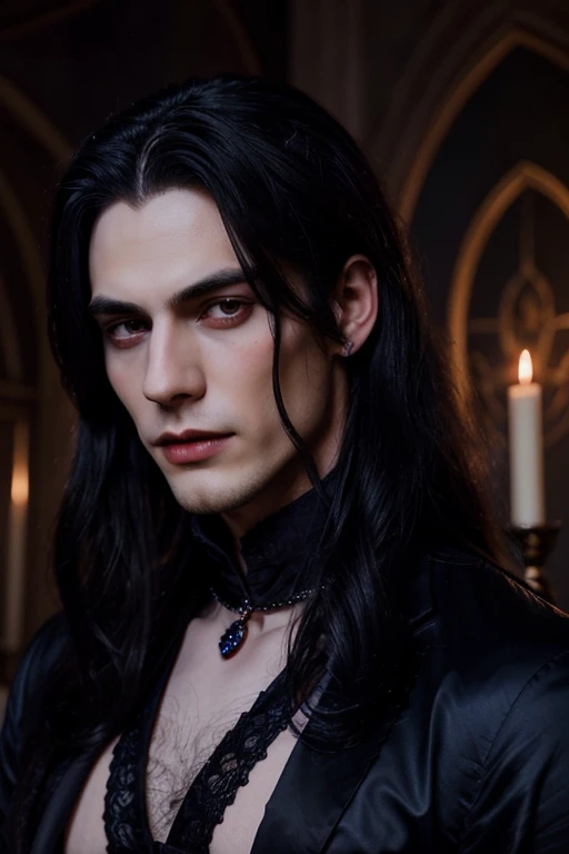 Lovely young handsome hetero Man Jinx Edward vampire with big indigo-eyes and gems and long black hair, with nice and delicate face, in a dark gothic magic castle with annie and claudia and Lestat, in Red Rose manor. Terror ambient. The more handsome man in the world. Night storm.