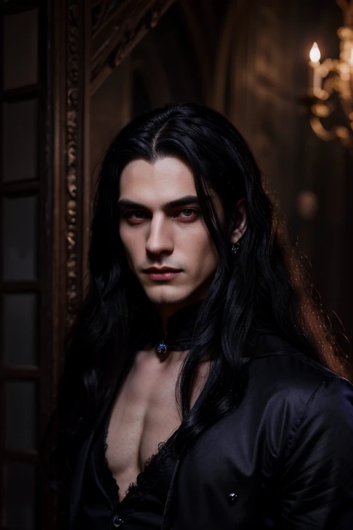 Lovely young handsome hetero Man Jinx Edward vampire with big indigo-eyes and gems and long black hair, with nice and delicate face, in a dark gothic magic castle with annie and claudia and Lestat, in Red Rose manor. Terror ambient. The more handsome man in the world. Night storm.