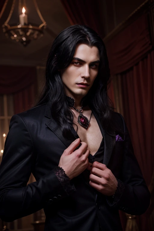 Lovely young handsome hetero Man Jinx Edward vampire with big indigo-eyes and gems and long black hair, with nice and delicate face, in a dark gothic magic castle with annie and claudia and Lestat, in Red Rose manor. Terror ambient. The more handsome man in the world. Night storm.