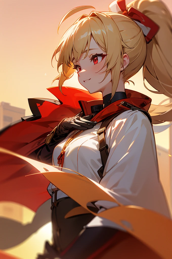1 girl、8k、Sharp focus、(Bokeh) (highest quality) (Detailed skin:1.3) (Intricate details) (anime)、Genki girl、Small breasts、Red Riders Jacket、blonde、Beautiful red eyes、ponytail、Ahoge、gloves、Bright smile、terrace、Blowing in the wind、Golden Hour Sky、Upper body close-up、Sharp contours