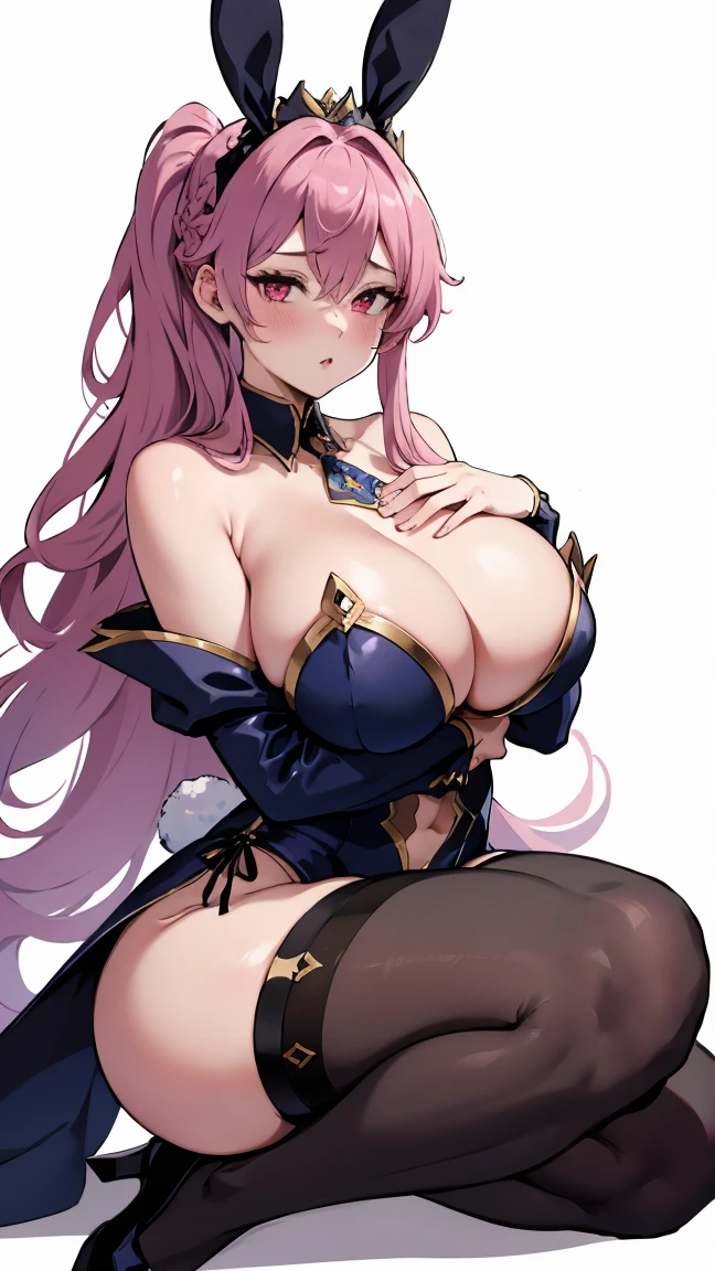 Rabbit Artoria Hairstyle, Costume black RabbitArtoria, 1Girl, pectorals, Solo, pink hair, red Eyes, French Braids, Long hair, large full breasts, cleavage, bangss, navels, looking up at viewer, bare shoulder, Braid, Hair between eyes, bunny pose, tiara, ahegao, Blush huge sagging breasts:1.8, Huge chubby sexy :1.9, Huge sexy , sexy legs:2.0, , Prohibited wearing, Wearing nothing, black transparent tights, Leg hugs, Hug your legs, Leg hugs, Squats and leg hugs,  Pose, Lay , Lie down hugging your legs, You look so sexy with