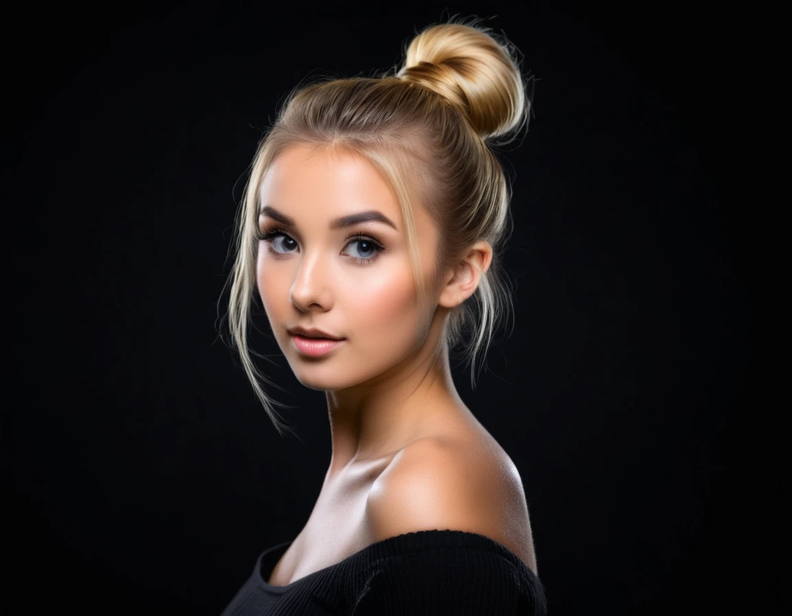 an eye contact of a blond with bun hair and dark theme , cute and sweet poses , background professional studio lighting,