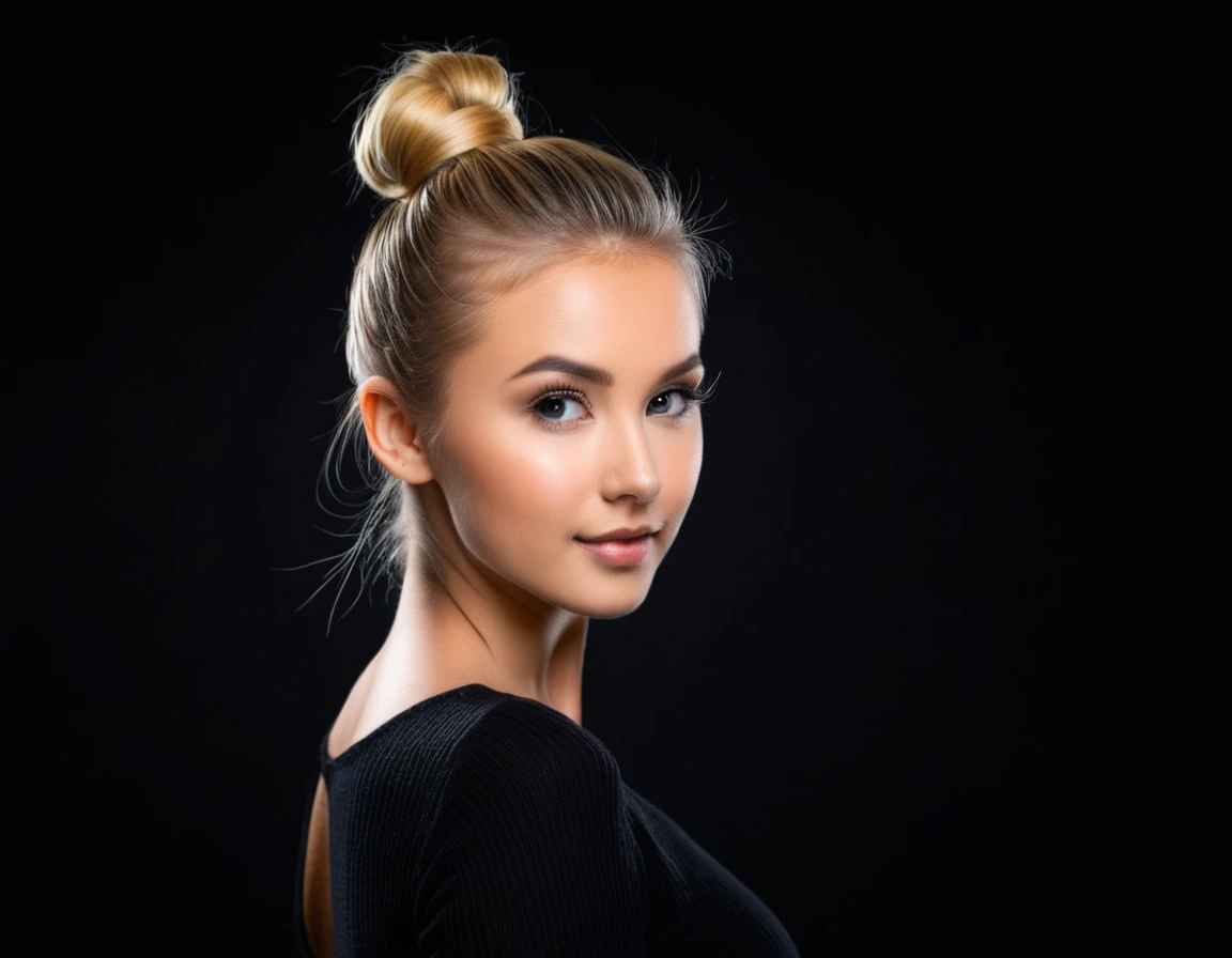 an eye contact of a blond with bun hair and dark theme , cute and sweet poses , background professional studio lighting,