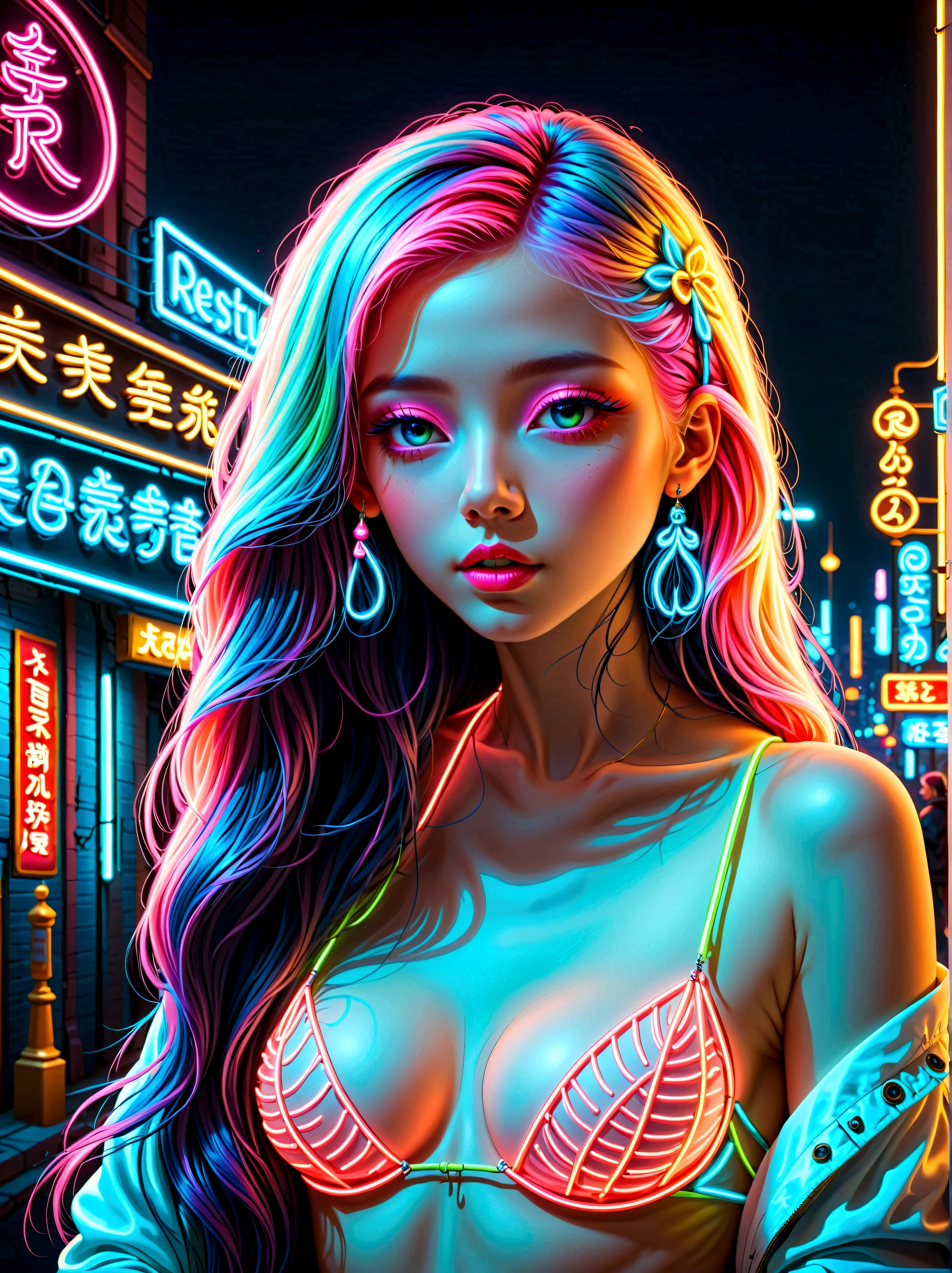 Neon, (发光的Neon玻璃制成的招牌)，透明Neon材质，Gloss，Refraction Details，Albino girl，Neon线长须水母在头上，Long hair doll，(发光Neon线制成的长裙:1.5)，Renaissance，Baroque，Psychedelic，romantic，neon palette, pale color, 1nhdg1