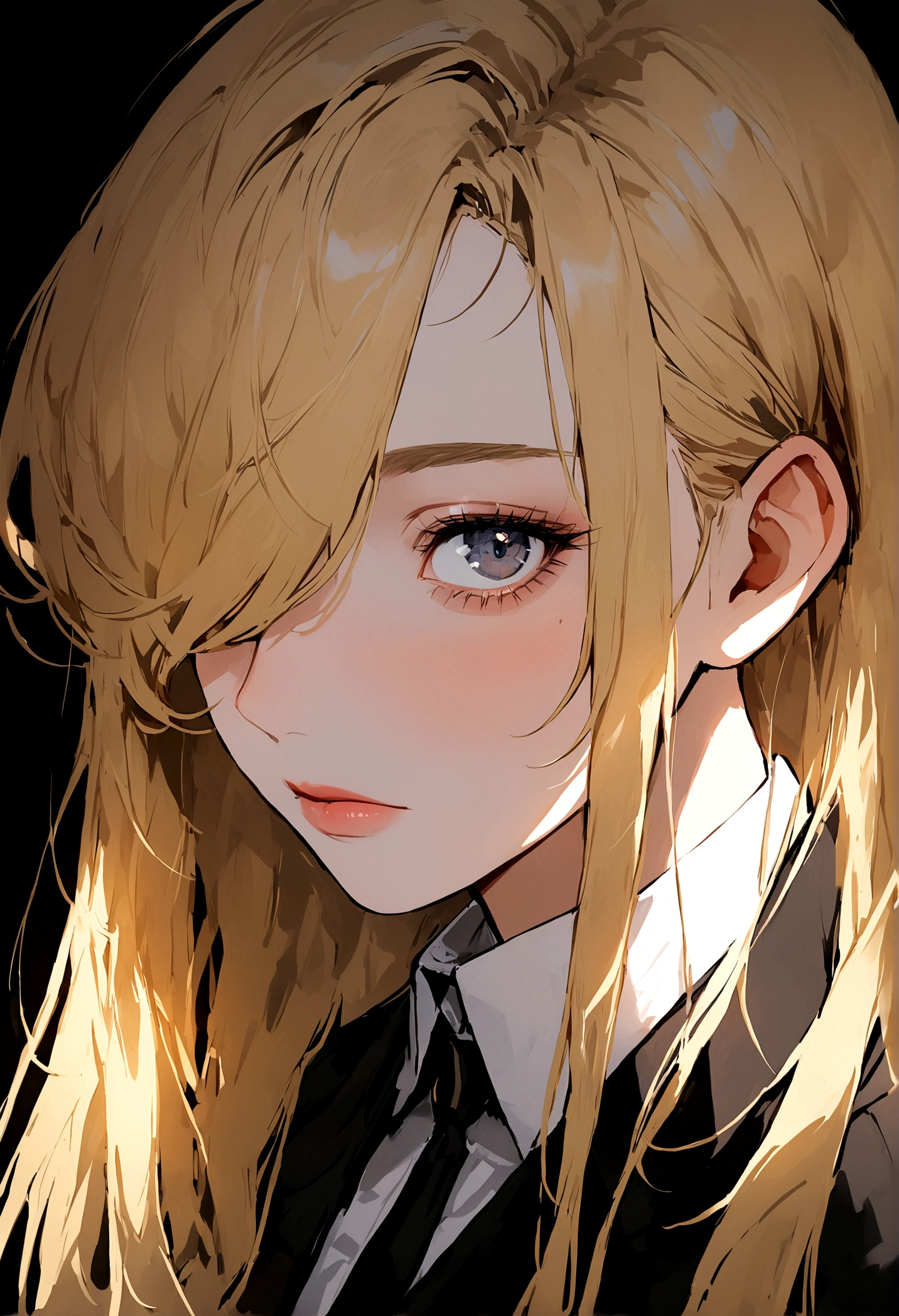 portrait of european girl,solo,20yo,beautiful face,uppser body,hair over one eye,medium sidecut, blonde hair, sharp focus,black business suit
