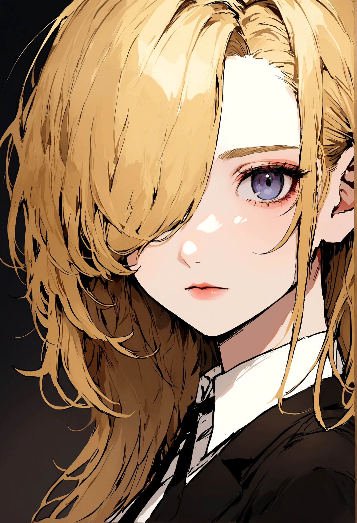 portrait of european girl,solo,20yo,beautiful face,uppser body,hair over one eye,medium sidecut, blonde hair, sharp focus,black business suit