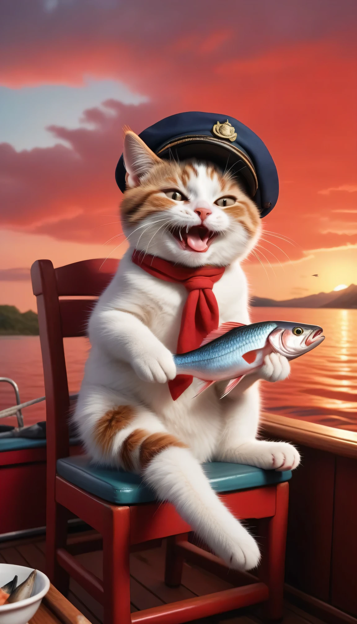 Photorealistic image of a happy cat eating a fish on a boat, Red Sky, cat is wearing a hat, Sitting in a chair