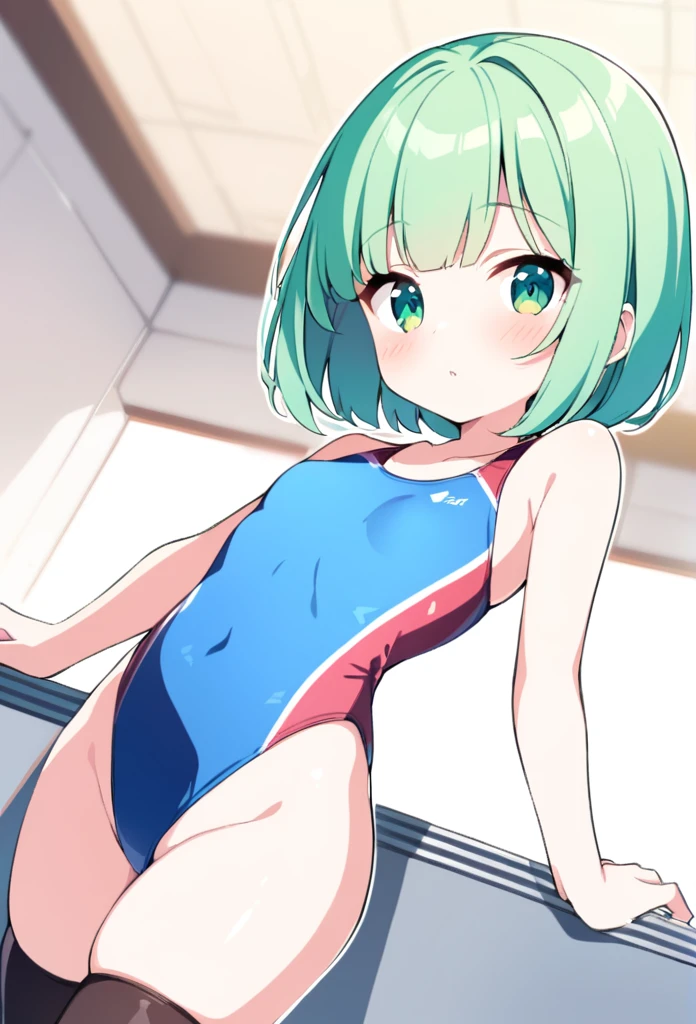 1 girl, cute, young, green hair, bob haircut, green eyes, competition swimsuit, thigh high,