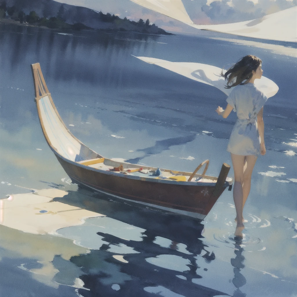 Tranquil voyager girl, Surrealism, Paint in watercolor style, Photorealism