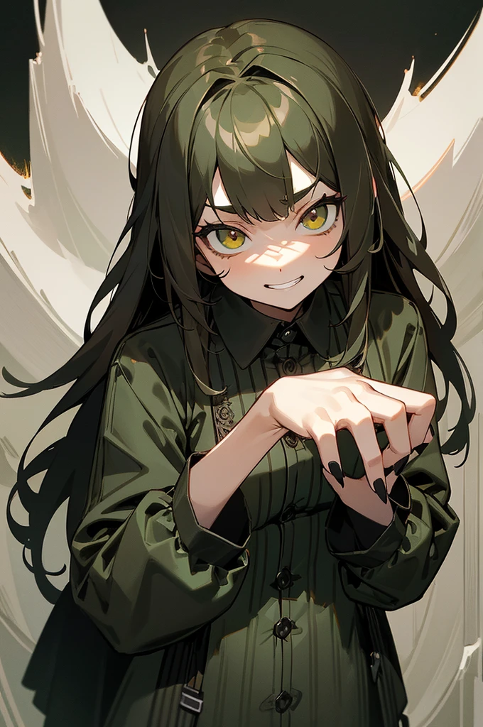 masterpiece, best quality, 1 female, adult, beautiful, finely detailed eyes, intricate details, long green fluffy hair with layers, green fluffy bangs, brown eyes, menacing look in eyes, sly grin, black modern casual shirt, techwear shirt with stripes, evil, hands in view with black nails, dark background, pose looking up at viewer